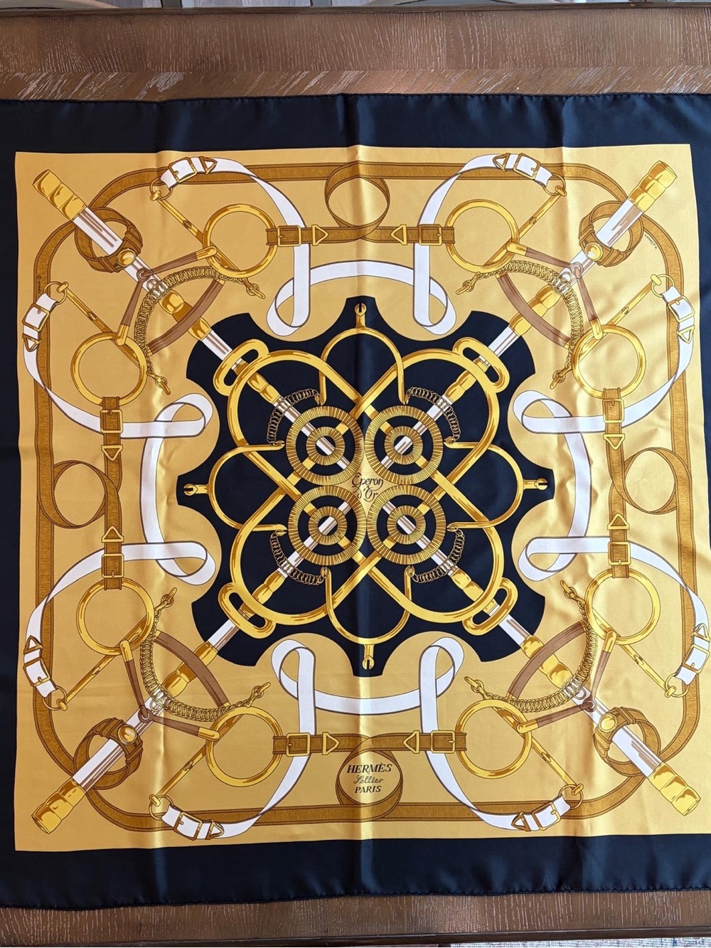 Hermès Silk Scarf 90 Carré Gold Black Hand Rolled Made in France